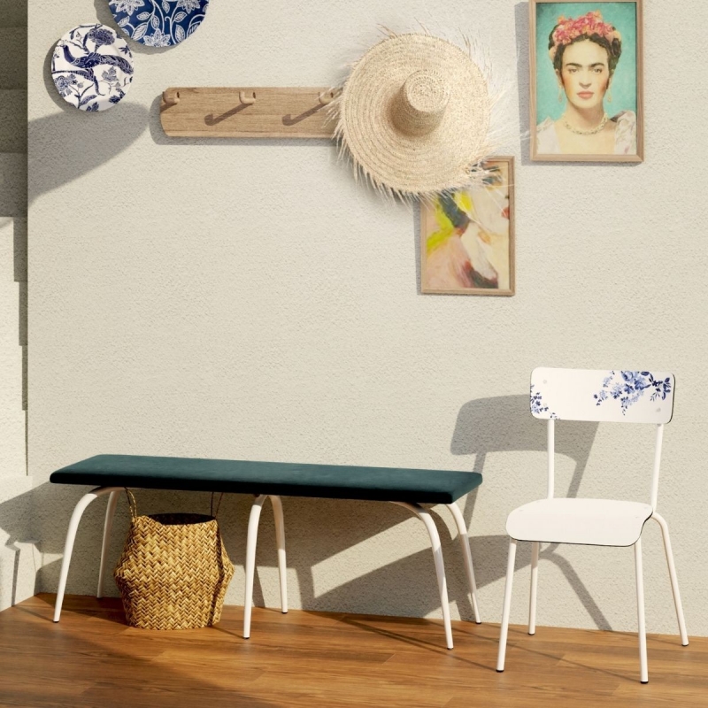 Chaise d’écolier Adulte Suzie – imprimé Dossier vaisselle d'antan - Assise Blanc- Pieds Blancs