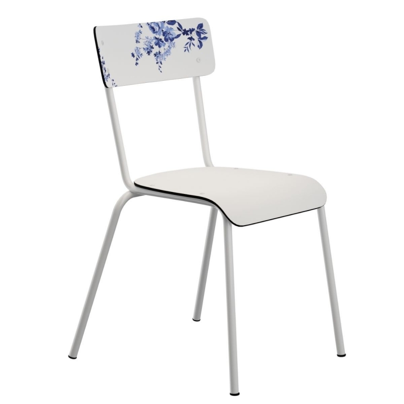 Chaise d’écolier Adulte Suzie – imprimé Dossier vaisselle d'antan - Assise Blanc- Pieds Blancs