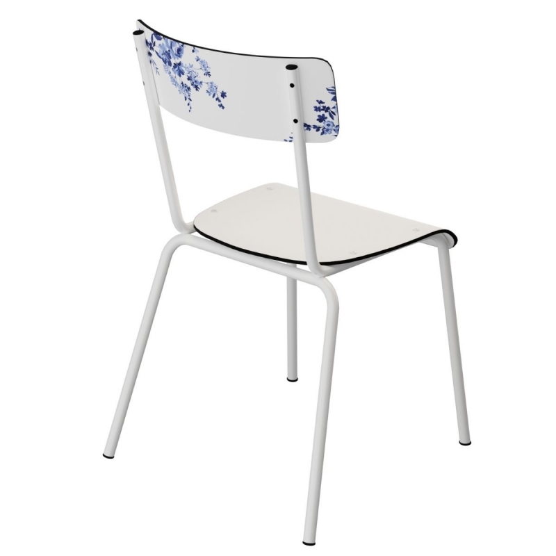 Chaise d’écolier Adulte Suzie – imprimé Dossier vaisselle d'antan - Assise Blanc- Pieds Blancs