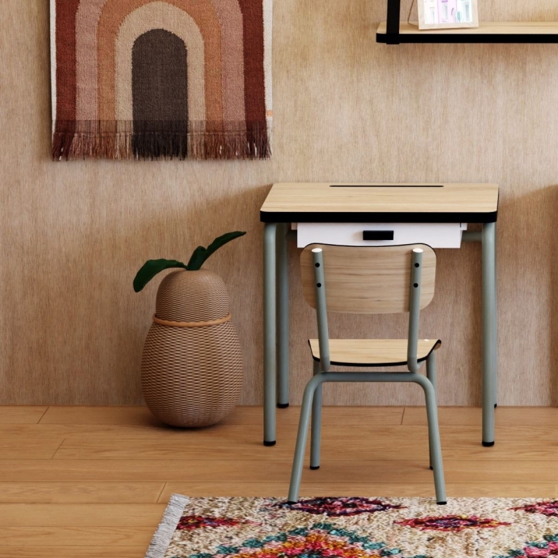 Chaise d’écolier Enfant Little Suzie – Dossier & Assise Uni Bois Clair - Pieds Kaki