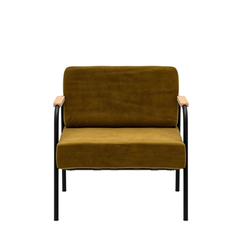 Fauteuil Barnabé - uni Dossier & Assise Velours Ocre Jaune Ambre - Pieds Noirs