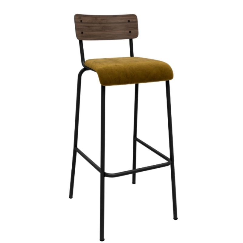 Chaise de Bar Suzie 75cm – Bicolore Dossier Stratifié Bois Foncé & Assise Velours Jaune Ocre - Pieds Noirs