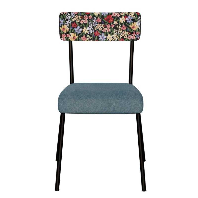 Chaise d’écolier Adulte Suzie bi-matière Dossier Imprimé Tulum & Assise Feutrine Bleu Minéral - Pieds Noirs