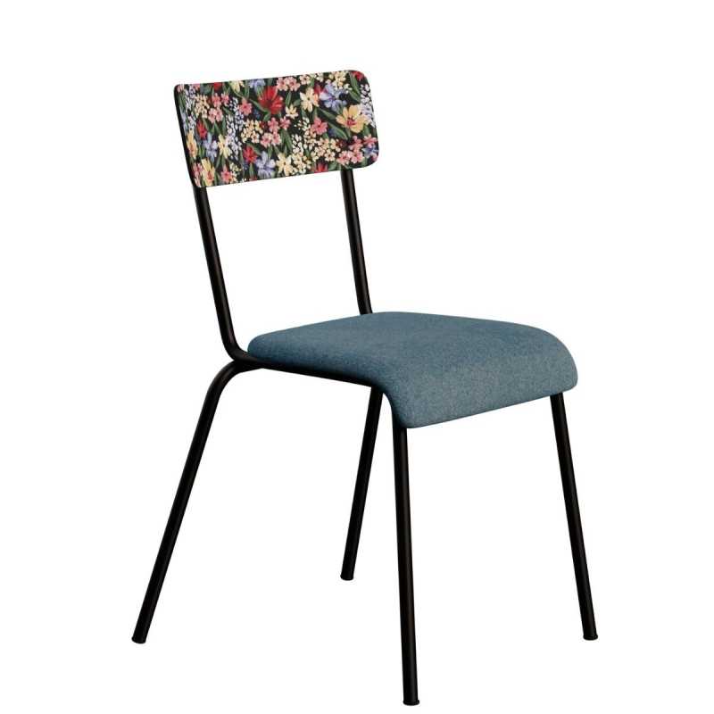 Chaise d’écolier Adulte Suzie bi-matière Dossier Imprimé Tulum & Assise Feutrine Bleu Minéral - Pieds Noirs