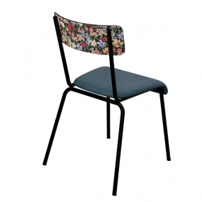 Chaise d’écolier Adulte Suzie bi-matière Dossier Imprimé Tulum & Assise Feutrine Bleu Minéral - Pieds Noirs