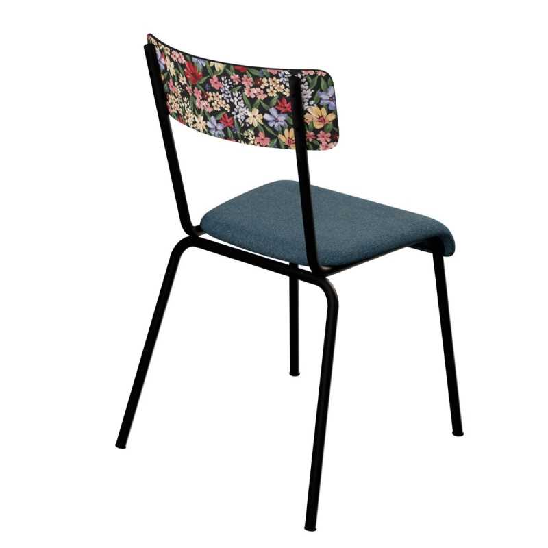 Chaise d’écolier Adulte Suzie bi-matière Dossier Imprimé Tulum & Assise Feutrine Bleu Minéral - Pieds Noirs