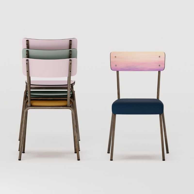 Chaise d’écolier Adulte Suzie Dossier imprimé Sky & Assise Simili Cuir Bleu Marine - Pieds Bruts