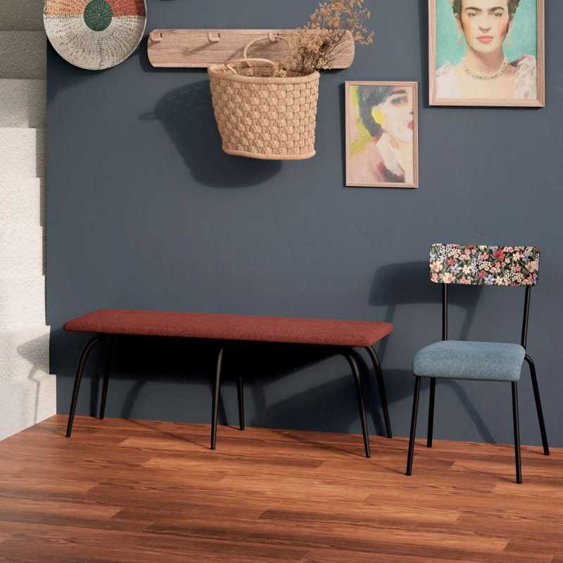 Chaise d’écolier Adulte Suzie bi-matière Dossier Imprimé Tulum & Assise Feutrine Bleu Minéral - Pieds Noirs