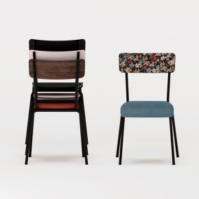 Chaise d’écolier Adulte Suzie bi-matière Dossier Imprimé Tulum & Assise Feutrine Bleu Minéral - Pieds Noirs