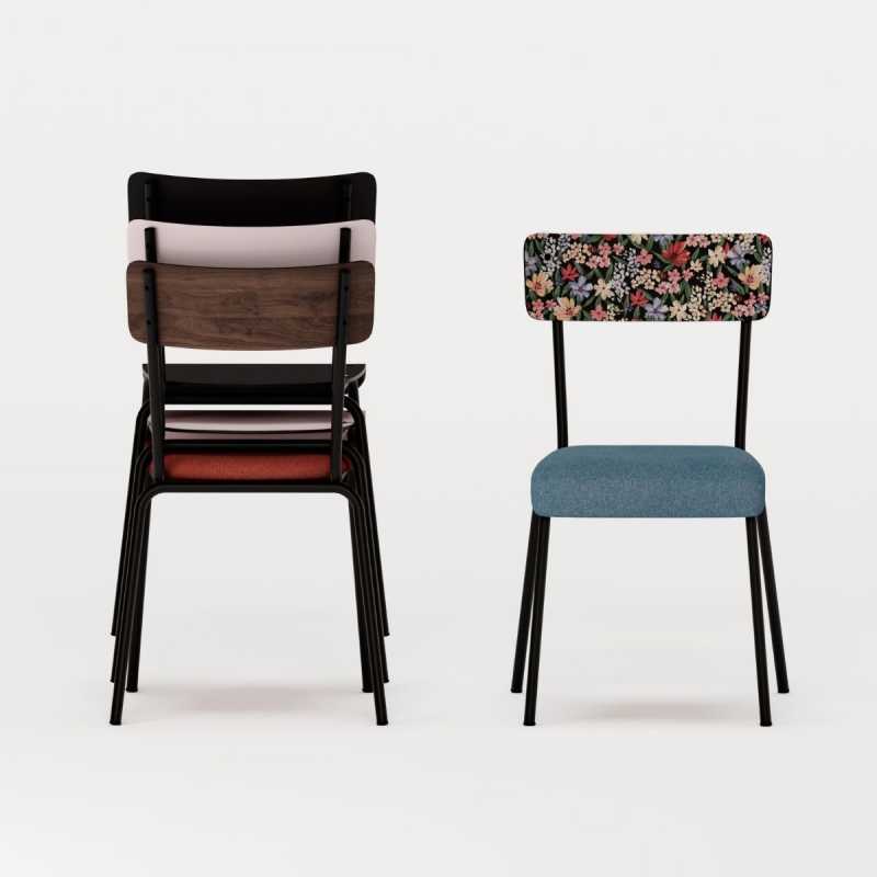 Chaise d’écolier Adulte Suzie bi-matière Dossier Imprimé Tulum & Assise Feutrine Bleu Minéral - Pieds Noirs