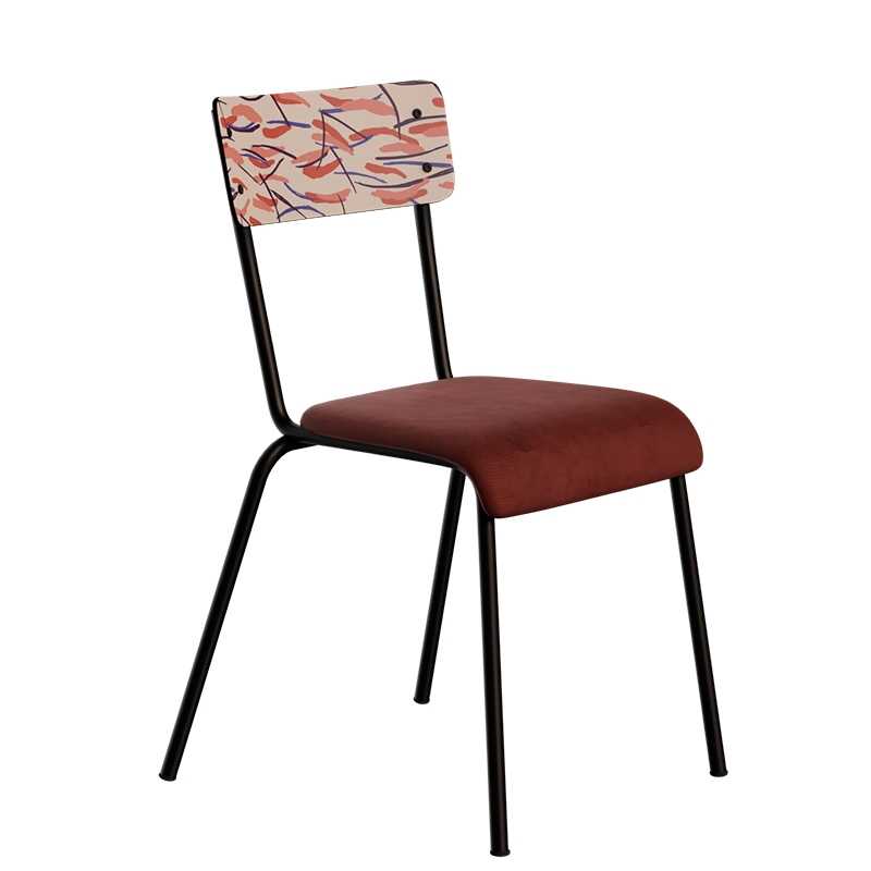 Chaise d’écolier Adulte Suzie bi-matière Dossier Imprimé Brunette & Assise Velours Bordeaux - Pieds Noirs