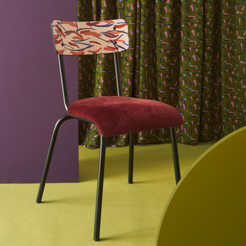 Chaise d’écolier Adulte Suzie bi-matière Dossier Imprimé Brunette & Assise Velours Bordeaux - Pieds Noirs