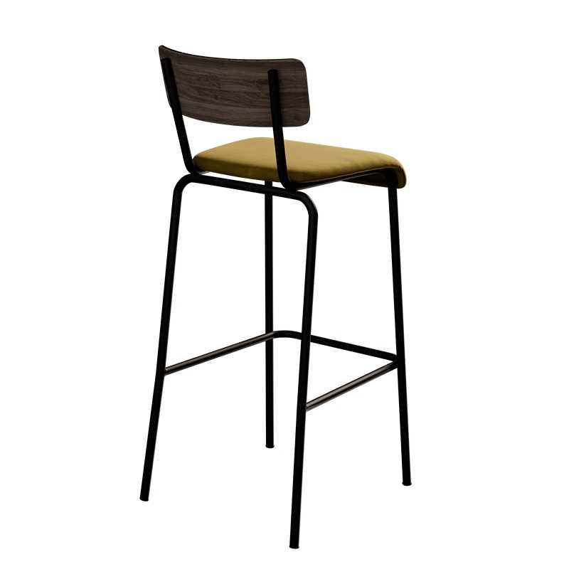 Chaise de Bar Suzie 65cm – Bicolore Dossier Stratifié Bois Foncé & Assise Velours Jaune Ocre - Pieds Noirs