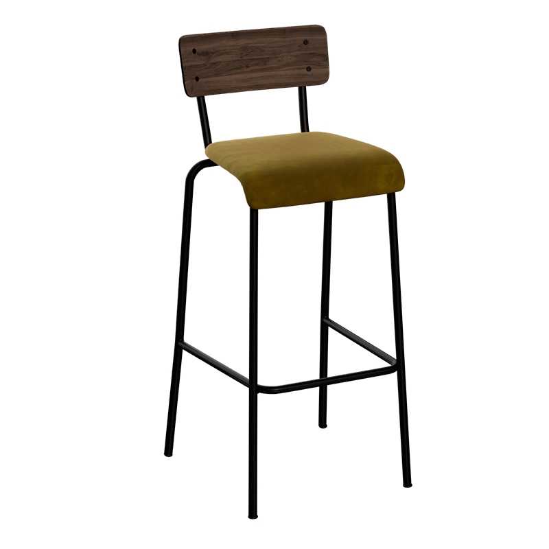Chaise de Bar Suzie 65cm – Bicolore Dossier Stratifié Bois Foncé & Assise Velours Jaune Ocre - Pieds Noirs