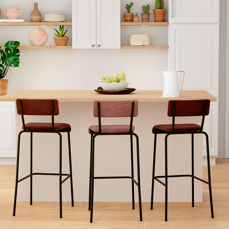 Chaise de Bar Suzie 75cm – Velours Dossier & Assise Bois de Rose - Pieds Noirs
