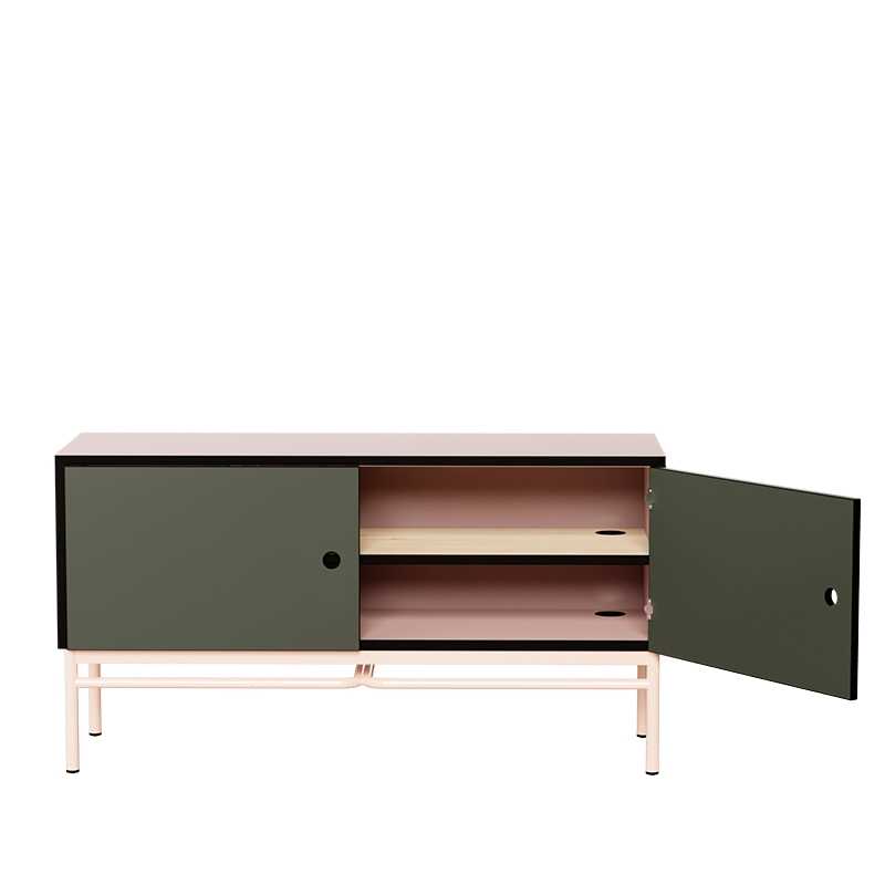 Meuble bas TV Elienor - Avocado/Rose Poudré - Pieds Rose Poudré