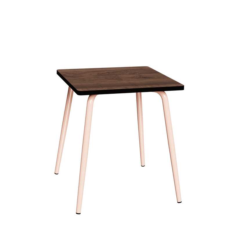 Table Retro Véra Carrée 70x70 – Imprimé Bois Foncé - Pieds Rose Poudré