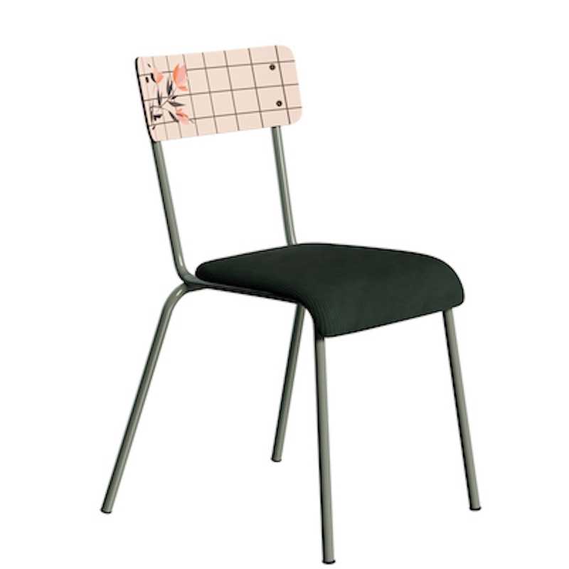 Chaise d’écolier Adulte Suzie bi-matière Dossier imprimé Brise & Assise Velours côtelé Vert Fôret - Pieds Kaki