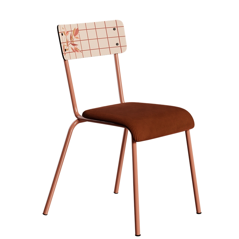 Chaise d’écolier Adulte Suzie bi-matière Dossier imprimé Brise & Assise Velours côtelé Paprika - Pieds Terracotta