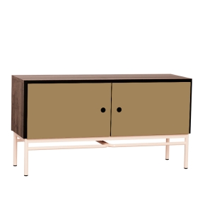 Meuble bas TV Elienor - Ocre/Bois Foncé - Pieds Rose Poudré