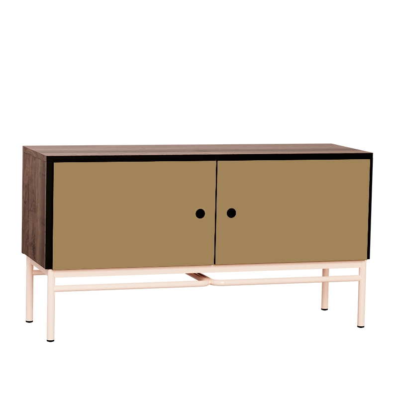 Meuble bas TV Elienor - Ocre/Bois Foncé - Pieds Rose Poudré