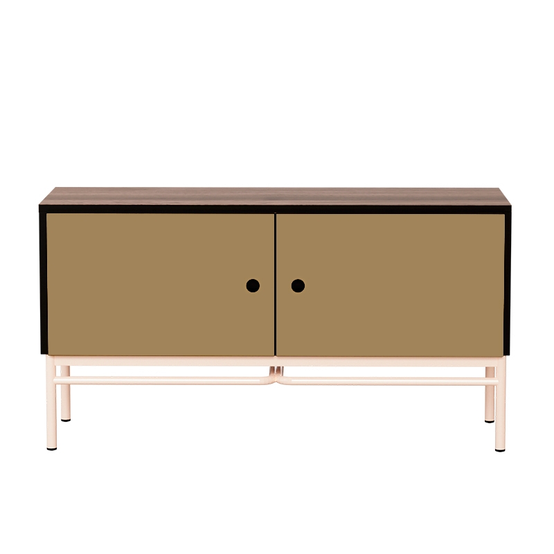 Meuble bas TV Elienor - Ocre/Bois Foncé - Pieds Rose Poudré