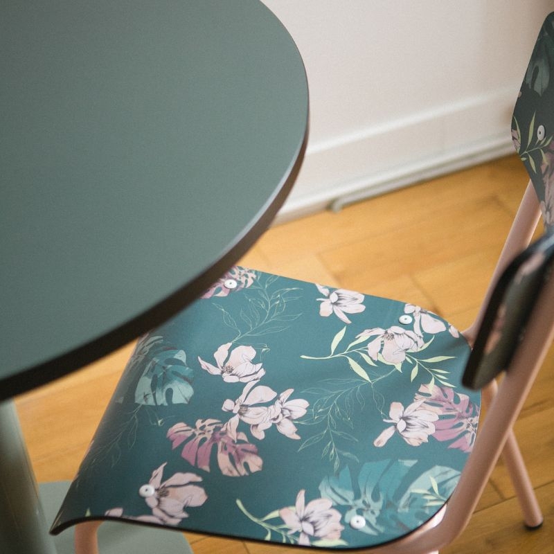 Chaise d’écolier Adulte Suzie Stratifié Dossier & Assise imprimé Tropiques - pieds Rose Poudré