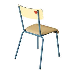 Chaise d’écolier Adulte Suzie bi-matière Dossier imprimé Amour Jaune et Assise en Tissu Uni Jaune - Pieds Bleu