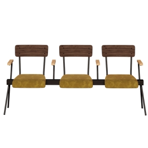 Banc Anouk 3 places - Dossiers Stratifié Bois Foncé & Assises en velours Ocre, Structure & pieds Noirs