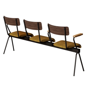 Banc Anouk 3 places - Dossiers Stratifié Bois Foncé & Assises en velours Ocre, Structure & pieds Noirs