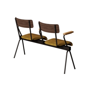 Banc Anouk 2 places - Dossiers Stratifié Bois Foncé & Assises en velours Ocre, Structure & pieds Noirs