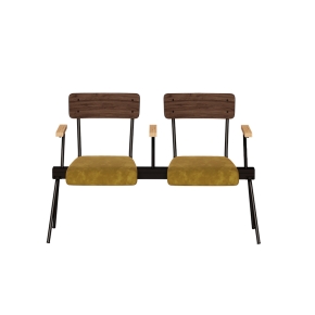 Banc Anouk 2 places - Dossiers Stratifié Bois Foncé & Assises en velours Ocre, Structure & pieds Noirs
