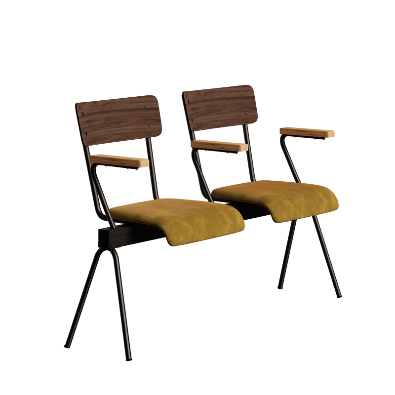 Banc Anouk 2 places - Dossiers Stratifié Bois Foncé & Assises en velours Ocre, Structure & pieds Noirs