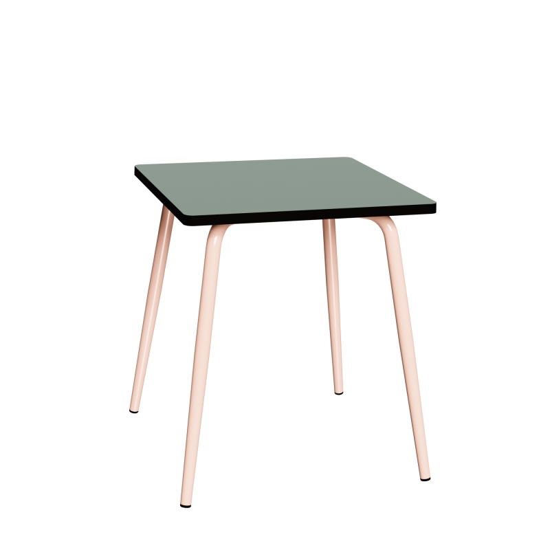 Table Retro Véra Carrée 70x70 – Stratifié uni Kaki - Pieds Rose Poudré