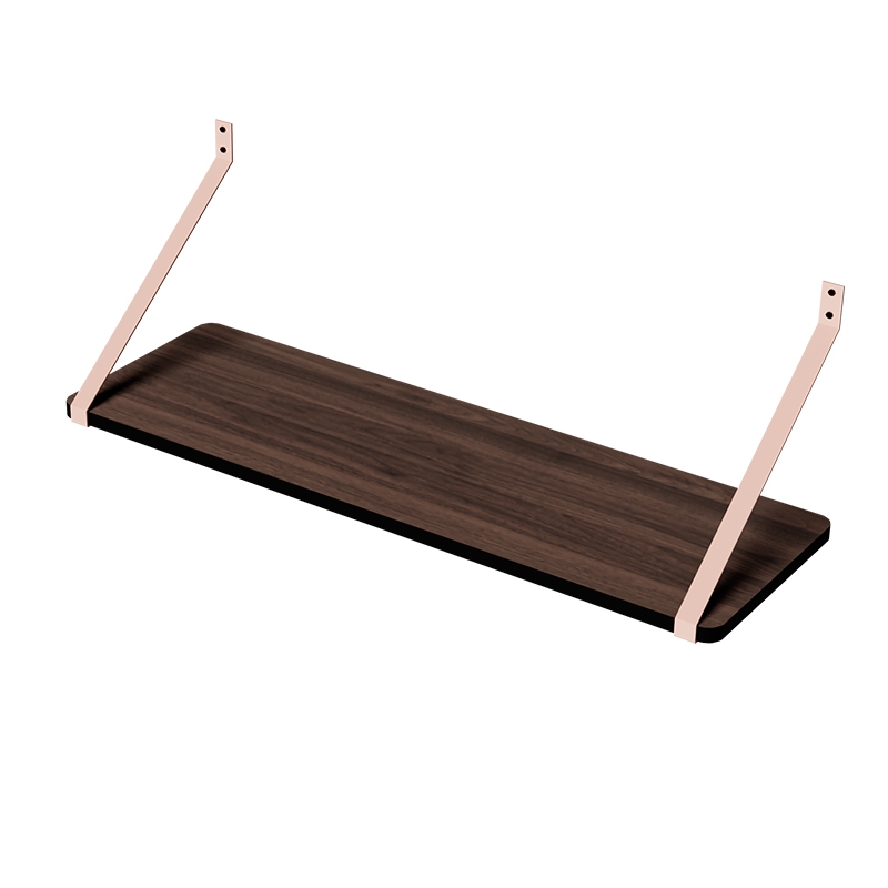 Bureau mural Rosy - Stratifié Bois Foncé - Barre en métal Rose Poudré