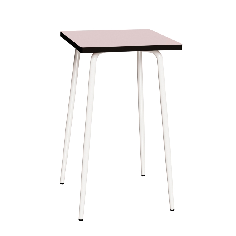 Table Haute Rétro Véra 70x70 – Stratifié Uni Rose Poudré - Pieds Blancs