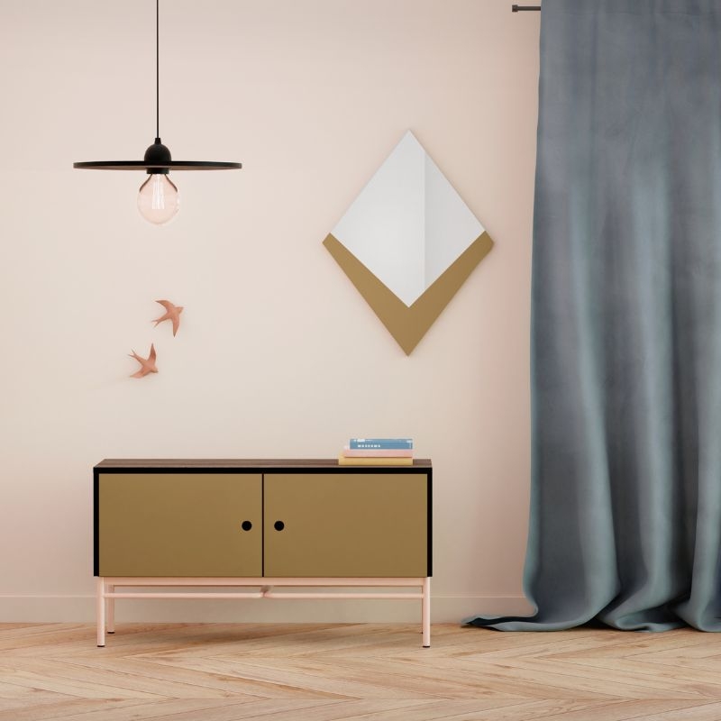 Meuble bas TV Elienor - Ocre/Bois Foncé - Pieds Rose Poudré